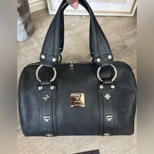 MCM Authentic Boston Bag Pebbled Leather Silver Tone Hardware And Studs